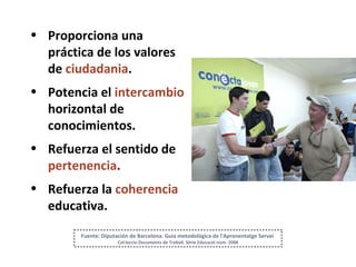 Proporciona una práctica de los valores de  ciudadania . Potencia el  intercambio   horizontal de conocimientos. Refuerza el sentido de  pertenencia . Refuerza la  coherencia  educativa. Fuente: Diputación de Barcelona. Guia metodològica de l'Aprenentatge Servei  Col·leccio Documents de Treball. Sèrie Educació núm. 2008 