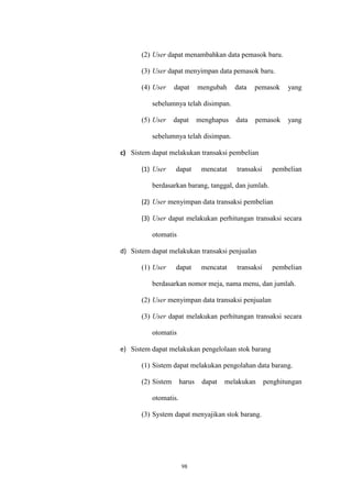 98
(2) User dapat menambahkan data pemasok baru.
(3) User dapat menyimpan data pemasok baru.
(4) User dapat mengubah data pemasok yang
sebelumnya telah disimpan.
(5) User dapat menghapus data pemasok yang
sebelumnya telah disimpan.
c) Sistem dapat melakukan transaksi pembelian
(1) User dapat mencatat transaksi pembelian
berdasarkan barang, tanggal, dan jumlah.
(2) User menyimpan data transaksi pembelian
(3) User dapat melakukan perhitungan transaksi secara
otomatis
d) Sistem dapat melakukan transaksi penjualan
(1) User dapat mencatat transaksi pembelian
berdasarkan nomor meja, nama menu, dan jumlah.
(2) User menyimpan data transaksi penjualan
(3) User dapat melakukan perhitungan transaksi secara
otomatis
e) Sistem dapat melakukan pengelolaan stok barang
(1) Sistem dapat melakukan pengolahan data barang.
(2) Sistem harus dapat melakukan penghitungan
otomatis.
(3) System dapat menyajikan stok barang.
 