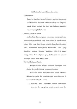 100
(5) Monitor, Keyboard, Mouse, dan printer
c) Keamanan
Sistem ini dilengkapi dengan login user, sehingga tidak semua
user bisa masuk ke dalam sistem dan setiap user yang bisa
masuk dibagi menjadi dua level dan keduanya memiliki
wewenang yang berbeda-beda.
c. Analisis Kelayakan Sistem
Analisis kelayakan merupakan proses yang mempelajari atau
menganalisa permasalahan yang telah ditentukan sesuai dengan
tujuan akhir yang akan dicapai. Analisis kelayakan digunakan
untuk menentukan kemungkinan keberhasilan solusi yang
diusulkan. Menurut Nugroho Widjajanto (2001:539) dalam
menggunakan studi kelayakan yang terdiri dari lima macam
kelayakan yang di sebut TELOS yaitu :
1) Studi Kelayakan Teknis
Kelayakan teknis meliputi kebutuhan sistem yang telah
disusun dari aspek teknologi yang akan digunakan.
Hasil dari analisis kelayakan teknis sistem informasi
akuntansi penjualan dan persediaan yang akan diterapkan di
Central Steak and Coffee adalah:
a) Teknologi yang digunakan berupa penggunaan
komputer dan juga printer untuk mencetak nota dan
 
