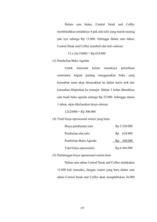 103
Dalam satu bulan, Central Steak and Coffee
membutuhkan setidaknya 4 pak alat tulis yang masih-masing
pak nya seharga Rp 13.000. Sehingga dalam satu tahun,
Central Steak and Coffee membeli alat tulis sebesar:
12 x (4x13000) = Rp 624.000
(3) Pembelian Buku Agenda
Untuk mencatat keluar masuknya persediaan
sementara, bagian gudang menggunakan buku yang
kemudian nanti akan dimasukkan ke dalam kartu stok dan
kemudian dilaporkan ke manajer. Dalam 1 bulan dbutuhkan
satu buah buku agenda seharga Rp 25.000. Sehingga dalam
1 tahun, akan dikeluarkan biaya sebesar:
12x25000 = Rp 300.000
(4) Total biaya operasional sistem yang lama
Biaya pembuatan nota Rp 5.520.000
Pembelian alat tulis Rp 624.000
Pembelian Buku Agenda Rp 300.000
Total biaya operasional Rp 6.444.000
(5) Perhitungan biaya operasional sistem baru
Dalam satu tahun Central Steak and Coffee melakukan
12.000 kali transaksi, dengan sistem yang baru dalam satu
tahun Central Steak and Coffee akan menghabiskan 36.000
 