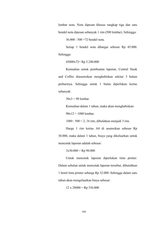 104
lembar nota. Nota dipesan khusus rangkap tiga dan satu
bendel nota dipesan sebanyak 1 rim (500 lembar). Sehingga:
36.000 : 500 =72 bendel nota.
Setiap 1 bendel nota dihargai sebesar Rp 45.000.
Sehingga:
45000x72= Rp 3.240.000
Kemudian untuk pembuatan laporan, Central Steak
and Coffee diasumsikan menghabiskan sekitar 3 halam
perharinya. Sehingga untuk 1 bulan diperlukan kertas
sebanyak:
30x3 = 90 lembar.
Kemudian dalam 1 tahun, maka akan menghabiskan:
90x12 = 1080 lembar.
1080 : 500 = 2, 16 rim, dibulatkan menjadi 3 rim.
Harga 1 rim kertas A4 di asumsikan sebesar Rp
30.000, maka dalam 1 tahun, biaya yang dikeluarkan untuk
mencetak laporan adalah sebesar:
3x30.000 = Rp 90.000
Untuk mencetak laporan diperlukan tinta printer.
Dalam sebulan untuk mencetak laporan tersebut, dibutuhkan
1 botol tinta printer seharga Rp 32.000. Sehingga dalam satu
tahun akan mengeluarkan biaya sebesar:
12 x 28000 = Rp 336.000
 