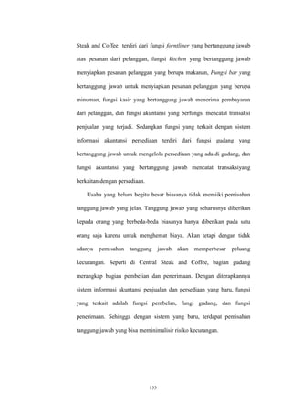 155
Steak and Coffee terdiri dari fungsi forntliner yang bertanggung jawab
atas pesanan dari pelanggan, fungsi kitchen yang bertanggung jawab
menyiapkan pesanan pelanggan yang berupa makanan, Fungsi bar yang
bertanggung jawab untuk menyiapkan pesanan pelanggan yang berupa
minuman, fungsi kasir yang bertanggung jawab menerima pembayaran
dari pelanggan, dan fungsi akuntansi yang berfungsi mencatat transaksi
penjualan yang terjadi. Sedangkan fungsi yang terkait dengan sistem
informasi akuntansi persediaan terdiri dari fungsi gudang yang
bertanggung jawab untuk mengelola persediaan yang ada di gudang, dan
fungsi akuntansi yang bertanggung jawab mencatat transaksiyang
berkaitan dengan persediaan.
Usaha yang belum begitu besar biasanya tidak memiiki pemisahan
tanggung jawab yang jelas. Tanggung jawab yang seharusnya diberikan
kepada orang yang berbeda-beda biasanya hanya diberikan pada satu
orang saja karena untuk menghemat biaya. Akan tetapi dengan tidak
adanya pemisahan tanggung jawab akan memperbesar peluang
kecurangan. Seperti di Central Steak and Coffee, bagian gudang
merangkap bagian pembelian dan penerimaan. Dengan diterapkannya
sistem informasi akuntansi penjualan dan persediaan yang baru, fungsi
yang terkait adalah fungsi pembelan, fungi gudang, dan fungsi
penerimaan. Sehingga dengan sistem yang baru, terdapat pemisahan
tanggung jawab yang bisa meminimalisir risiko kecurangan.
 