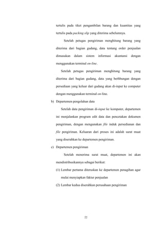 22
tertulis pada tiket pengambilan barang dan kuantitas yang
tertulis pada packing slip yang diterima sebelumnya.
Setelah petugas pengiriman menghitung barang yang
diterima dari bagian gudang, data tentang order penjualan
dimasukan dalam sistem informasi akuntansi dengan
menggunakan terminal on-line.
Setelah petugas pengiriman menghitung barang yang
diterima dari bagian gudang, data yang berhbungan dengan
persediaan yang keluar dari gudang akan di-input ke computer
dengan menggunakan terminal on-line.
b) Departemen pengolahan data
Setelah data pengiriman di-input ke komputer, departemen
ini menjalankan program edit data dan pencetakan dokumen
pengiriman, dengan mengunakan file induk persedianan dan
file pengiriman. Keluaran dari proses ini adalah surat muat
yang diserahkan ke departemen pengiriman.
c) Departemen pengiriman
Setelah menerima surat muat, departemen ini akan
mendistribusikannya sebagai berikut:
(1) Lembar pertama diteruskan ke departemen penagihan agar
mulai menyiapkan faktur penjualan
(2) Lembar kedua diserahkan perusahaan pengiriman
 