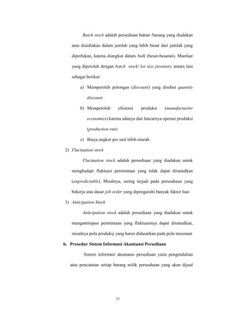 31
Batch stock adalah persediaan bahan /barang yang diadakan
atau disediakan dalam jumlah yang lebih besar dari jumlah yang
diperlukan, katena diangkut dalam bulk (besar-besaran). Manfaar
yang diperoleh dengan batch stock/ lot size jnventory antara lain
sebagai berikut:
a) Memperoleh potongan (discount) yang disebut quantity
discount
b) Memperoleh efisiensi produksi (manufacturinv
economies) karena adanya dan lancarnya operasi produksi
(production run)
c) Biaya angkut per unit lebih murah.
2) Fluctuation stock
Fluctuation stock adalah persediaan yang diadakan untuk
menghadapi fluktuasi permintaan yang tidak dapat diramalkan
(unpredictable). Misalnya, sering terjadi pada perusahaan yang
bekerja atas dasar job order yang dipengaruhi banyak faktor luar.
3) Anticipation Stock
Anticipation stock adalah persediaan yang diadakan untuk
mengantisipasi permintaan yang fluktuasinya dapat diramalkan,
misalnya pola produksj yang harus didasarkan pada pola musiman
b. Prosedur Sistem Informasi Akuntansi Persediaan
Sistem informasi akuntansi persediaan yaitu pengendalian
atau pencatatan setiap barang milik perusahaan yang akan dijual
 