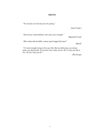 v
MOTTO
“No one has ever become poor by giving.”
(Anne Frank )
“Out of your vulnerabilities will come your strength.”
(Sigmund Freud)
“Bila waktu tlah berakhir, teman sejati tinggal lah amal”
(Opick)
“It’s hard enough trying to live your life. But not following your dream
make you dead inside. If you don’t love what you do. We’ve only one life to
live. So love what you do.”
(The Script)
 