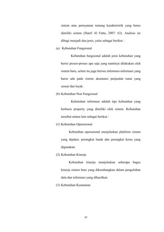 45
sistem atau pernyataan tentang karakteristik yang harus
dimiliki sistem (Hanif Al Fatta, 2007: 63). Analisis ini
dibagi menjadi dua jenis, yaitu sebagai berikut :
(a) Kebutuhan Fungsional
Kebutuhan fungsional adalah jenis kebutuhan yang
berisi proses-proses apa saja yang nantinya dilakukan oleh
sistem baru, selain itu juga berisis informasi-informasi yang
harus ada pada sistem akuntansi penjualan tunai yang
sesuai dan layak.
(b) Kebutuhan Non Fungsional
Kebutuhan informasi adalah tipe kebutuhan yang
berbasis property yang dimiliki oleh sistem. Kebutuhan
tersebut antara lain sebagai berikut :
(1) Kebutuhan Operasional
Kebutuhan operasional menjelaskan platform sistem
yang dipakai, perangkat lunak dan perangkat keras yang
digunakan.
(2) Kebutuhan Kinerja
Kebutuhan kinerja menjelaskan seberapa bagus
kinerja sistem baru yang dikembangkan dalam pengelohan
data dan informasi yang dihasilkan.
(3) Kebutuhan Keamanan
 