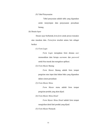 55
(9) Tabel Penyesuaian
Tabel penyesaian adalah table yang digunakan
untuk menyimpan data penyesuaian persediaan
barang.
(b) Desain Input
Desain input berbentuk form-form untuk proses transaksi
atau masukan data. Form-form tersebut antara lain sebagai
berikut
(1) Form Login
Form Login merupakan form dimana user
memasukkan data berupa username dan password
untuk bisa masuk dan mengakses aplikasi.
(2) Form Master Barang
Form Master Barang adalah form tempat
pengisian atau input data bahan baku yang digunakan
dalam sistem persediaan
(3) Form Master Menu
Form Master menu adalah form tempat
pengisian produk yang akan dijual.
(4) Form Master Menu Detail
Form Master Menu Detail adalah form tempat
mengisikan detail dari produk yang dijual.
(5) Form Master Pemasok
 