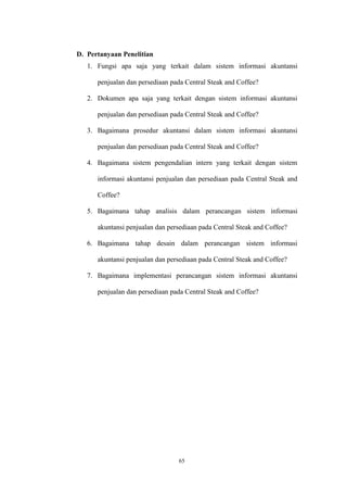 65
D. Pertanyaan Penelitian
1. Fungsi apa saja yang terkait dalam sistem informasi akuntansi
penjualan dan persediaan pada Central Steak and Coffee?
2. Dokumen apa saja yang terkait dengan sistem informasi akuntansi
penjualan dan persediaan pada Central Steak and Coffee?
3. Bagaimana prosedur akuntansi dalam sistem informasi akuntansi
penjualan dan persediaan pada Central Steak and Coffee?
4. Bagaimana sistem pengendalian intern yang terkait dengan sistem
informasi akuntansi penjualan dan persediaan pada Central Steak and
Coffee?
5. Bagaimana tahap analisis dalam perancangan sistem informasi
akuntansi penjualan dan persediaan pada Central Steak and Coffee?
6. Bagaimana tahap desain dalam perancangan sistem informasi
akuntansi penjualan dan persediaan pada Central Steak and Coffee?
7. Bagaimana implementasi perancangan sistem informasi akuntansi
penjualan dan persediaan pada Central Steak and Coffee?
 