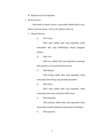 72
3) Diagram rinci (level diagram)
c. Desain Interface
Pada tahap ini desain interface yang dibuat adalah desain input,
desain output dan desain atabase dari aplikasi sistem ini.
1) Desain Database
a) Tabel Login
Tabel login adalah tabel yang digunakan untuk
menyimpan data yang berhubungan dengan pengguna
aplikasi
b) Tabel User
Tabel user adalah tabel yang digunakan meyimpan
data registrasi account pemakai (karyawan).
c) Tabel Barang
Tabel barang adalah tabel yang digunakan untuk
menyimpan data barang yang ada pada persediaan.
d) Tabel Menu
Tabel menu adalah tabel yang digunakan untuk
menyimpan data menu yang ada di daftar menu.
e) Tabel Penjualan
Tabel penjulan adalah tabel yang digunakan untuk
menyimpan transaksi penjualan yang terjadi ke pelanngan.
f) Tabel pemasok
 