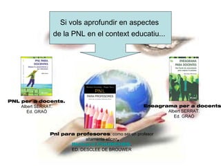 Si vols aprofundir en aspectes
              de la PNL en el context educatiu...




PNL per a docents.
    Albert SERRAT.                                Eneagrama per a docents
       Ed. GRAÒ                                          Albert SERRAT.
                                                            Ed. GRAÓ



             Pnl para profesores: como ser un profesor
                          altamente eficaz,
                    Richard CHURCHES.
                    ED. DESCLEE DE BROUWER
 