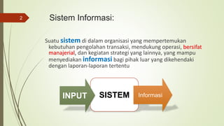Sistem Informasi:
Suatu sistem di dalam organisasi yang mempertemukan
kebutuhan pengolahan transaksi, mendukung operasi, bersifat
manajerial, dan kegiatan strategi yang lainnya, yang mampu
menyediakan informasi bagi pihak luar yang dikehendaki
dengan laporan-laporan tertentu
2
SISTEMINPUT Informasi
 