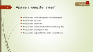 Apa saja yang dianalisa?
 Menganalisis kebutuhan aplikasi dan teknologinya.
 Menganalisis input data.
 Menganalisis aliran data.
 Menganalisis proses atau transformasi terhadap data.
 Menganalisis penyimpanan data.
 Menganalisis output informasi dalam konteks bisnis.
43
Analysis
2
 