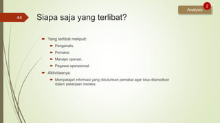 Siapa saja yang terlibat?
 Yang terlibat meliputi:
 Penganalis.
 Pemakai.
 Manajer operasi.
 Pegawai operasional.
 Aktivitasnya:
 Mempelajari informasi yang dibutuhkan pemakai agar bisa ditampilkan
dalam pekerjaan mereka.
44
Analysis
2
 