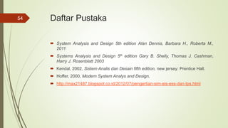 Daftar Pustaka
 System Analysis and Design 5th edition Alan Dennis, Barbara H., Roberta M.,
2011
 Systems Analysis and Design 5th edition Gary B. Shelly, Thomas J. Cashman,
Harry J. Rosenblatt 2003
 Kendal, 2002, Sistem Analis dan Desain fifth edition, new jersey: Prentice Hall.
 Hoffer, 2000, Modern System Analys and Design,
 http://max21487.blogspot.co.id/2012/07/pengertian-sim-eis-ess-dan-tps.html
54
 