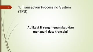 1. Transaction Processing System
(TPS)
Aplikasi SI yang menangkap dan
menagani data transaksi
7
 