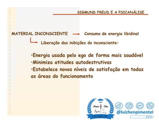 SIGMUND FREUD E A PSICANÁLISE
MATERIAL INCONSCIENTE Consumo de energia libidinal
Liberação das inibições do inconsciente:
•Energia usada pelo ego de forma mais saudável
•Minimiza atitudes autodestrutivas
•Estabelece novos níveis de satisfação em todas
as áreas do funcionamento
@luizhenpimentel
 