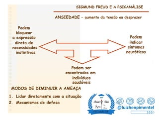 SIGMUND FREUD E A PSICANÁLISE
Podem
bloquear
Podem
indicar
sintomas
neuróticos
a expressão
direta de
necessidades
instintivas
Podem ser
encontrados em
indivíduos
saudáveis
@luizhenpimentel
MODOS DE DIMINUIR A AMEAÇA
1. Lidar diretamente com a situação
2. Mecanismos de defesa
ANSIEDADE – aumento da tensão ou desprazer
 