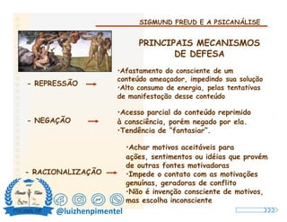 SIGMUND FREUD E A PSICANÁLISE
PRINCIPAIS MECANISMOS
DE DEFESA
•Afastamento do consciente de um
conteúdo ameaçador, impedindo sua solução
•Alto consumo de energia, pelas tentativas
de manifestação desse conteúdo
- REPRESSÃO
- NEGAÇÃO
•Acesso parcial do conteúdo reprimido
à consciência, porém negado por ela.
•Tendência de “fantasiar”.
•Achar motivos aceitáveis para
ações, sentimentos ou idéias que provém
de outras fontes motivadoras
•Impede o contato com as motivações
genuínas, geradoras de conflito
•Não é invenção consciente de motivos,
mas escolha inconsciente
- RACIONALIZAÇÃO
@luizhenpimentel
 