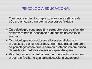 PSICOLOGIA EDUCACIONAL O espaço escolar é complexo, e leva à existência de três áreas, cada uma com a sua especificidade Os psicólogos escolares têm competências ao nível do desenvolvimento, educação e da clínica no contexto escolar. Os psicólogos educacionais são especialistas nos processos de ensino/aprendizagem que trabalham com os psicólogos escolares e com os professores em busca de melhores métodos de ensino/aprendizagem. Psicólogos de aconselhamento e orientação vocacional, procuram facilitar o ajustamento social e vocacional 