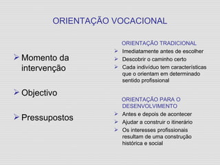 ORIENTAÇÃO VOCACIONAL Momento da intervenção Objectivo Pressupostos ORIENTAÇÃO TRADICIONAL Imediatamente antes de escolher Descobrir o caminho certo Cada indivíduo tem características que o orientam em determinado sentido profissional ORIENTAÇÃO PARA O DESENVOLVIMENTO Antes e depois de acontecer Ajudar a construir o itinerário Os interesses profissionais resultam de uma construção histórica e social 