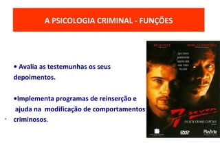 • Avalia as testemunhas os seus
depoimentos.
•Implementa programas de reinserção e
ajuda na modificação de comportamentos
criminosos.
O MODELO ECOLÓGICO DO DESENVOLVIMENTOA PSICOLOGIA CRIMINAL - FUNÇÕES
.
 