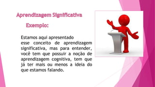 Estamos aqui apresentado
esse conceito de aprendizagem
significativa, mas para entender,
você tem que possuir a noção de
aprendizagem cognitiva, tem que
já ter mais ou menos a ideia do
que estamos falando.
 