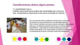 Consideraremos abaixo alguns pontos:
1ª. possibilidade é que o
trabalho educacional parta sempre das necessidades que o aluno já
traz, introduzindo ou associando a elas outros conteúdos ou motivos;
Em uma aula de artes a professora verifica que os alunos já
Conhecem as cores primárias em uma atividade aplicada.
Com o intuito de fazer com que os alunos continuem interessados
pela aula, a professora poderá sugerir que as crianças façam
experiências , misturando as cores primárias para que se
tornem secundárias. Com essa atitude a professora enriquecerá
o conhecimento do aluno e tornará a aula mais interessante.
 