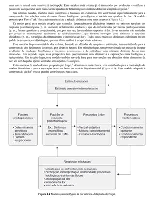uma  matriz  neural  mais  sensível  à  nocicepção.  Esse  modelo  mais  recente  já  é  sustentado  por  evidências  científicas  e
possibilita compreender com mais clareza quadros de fibromialgia e síndrome dolorosa complexa regional.6
Nas últimas décadas, modelos mais complexos e baseados em evidências têm contribuído significativamente para a
compreensão  das  relações  entre  diversos  fatores  biológicos,  psicológicos  e  sociais  nos  quadros  de  dor.  O  modelo
proposto por Flor e Turk7
 ilustra de maneira clara a relação dinâmica entre esses aspectos (Figura 4.2).
De  modo  geral,  esse  modelo  propõe  que  estímulos  desencadeadores  eliciadores  internos  ou  externos  resultam  em
respostas psicofisiológicas (p. ex., aumento de batimentos cardíacos), que são influenciadas por fatores predisposicionais
(p. ex., fatores genéticos e ocupacionais), que, por sua vez, desencadeiam respostas à dor. Essas respostas são mediadas
por  processos  mantenedores  resultantes  de  condicionamentos,  que  também  interagem  com  estímulos  e  respostas
eliciadoras (p. ex., estratégias de enfrentamento e memórias de dor). Todos esses processos dinâmicos culminam em um
padrão de resposta psicofisiológico, que em última análise é a experiência dolorosa.
Esse modelo biopsicossocial da dor crônica, baseado em décadas de pesquisa e evidências, tem contribuído para a
compreensão dos fenômenos dolorosos, por diversos fatores. Em primeiro lugar, tem proporcionado um modo de integrar
evidências  de  mudanças  fisiológicas  e  processos  psicossociais  e  de  estabelecer  uma  interação  dinâmica  dessas  duas
dimensões.  Em  segundo  lugar,  essa  perspectiva  tem  proporcionado  uma  alternativa  a  explicações  mais  biológicas  e
reducionistas. Em terceiro lugar, esse modelo também serve de base para intervenções que abordam várias dimensões da
dor, em vez daquelas apenas centradas em aspectos fisiológicos.
Outro modelo de saúde­doença, proposto por Engel,8
 de natureza mais clínica, tem contribuído para a contestação do
modelo biomédico e para a superação deste em favor do modelo biopsicossocial (Figura 4.3). Esse modelo adaptado à
compreensão da dor9
 trouxe grandes contribuições para a área.
Figura 4.2 Modelo psicobiológico da dor crônica. Adaptada de Engel.
VENDEDOR APOSTILASMEDICINA@HOTMAIL.COM
PRODUTOS http://lista.mercadolivre.com.br/_CustId_161477952
 