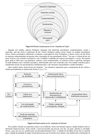 Figura 4.3 Modelo biopsicossocial da dor. Adaptada de Engel.8
Segundo  esse  modelo,  aspectos  biológicos  interagem  com  dimensões  psicológicas,  comportamentais,  sociais  e
espirituais,  para  dar  forma  à  experiência  da  dor.  Fatores  biológicos  podem  iniciar,  manter  ou  modular  perturbações
físicas. Fatores psicológicos influenciam a avaliação e a percepção de sinais fisiológicos, e fatores sociais vão dar forma
às respostas comportamentais do paciente sobre a percepção de suas perturbações físicas.10
 Ou seja, a vivência da dor, em
geral, inicia­se com estímulos nociceptivos, mas é mediada e modulada por aspectos psicológicos e sociais. De maneira
geral, pode­se inferir que o que pensamos, sentimos, nosso comportamento, os contextos sociais e espirituais interagem
de modo dinâmico com o estímulo nociceptivo, determinando como será vivenciada a dor. Esse modelo contribuiu para o
entendimento da dor em uma perspectiva multidimensional, e não unicausal, transcendendo o modelo biomédico.
Outro modelo clínico, desenvolvido por Nicholas,11
 traz elementos importantes para a compreensão da dor crônica e
enfatiza principalmente as repercussões da dor (Figura 4.4).
Figura 4.4 Repercussões da dor. Adaptada de Nicholas.11
Esse modelo, baseado em experiência clínica e em evidências, ilustra com bastante riqueza a relação dinâmica entre as
dimensões  biopsicossociais.  Neste  sentido,  é  possível  perceber  que  pessoas  com  dor,  em  geral,  reduzem  as  atividades
físicas, o que, por sua vez, contribui para seu descondicionamento físico. A redução de atividades físicas não só contribui
para a redução da produção de alguns neurotransmissores que favorecem nosso humor, mas também para a diminuição de
VENDEDOR APOSTILASMEDICINA@HOTMAIL.COM
PRODUTOS http://lista.mercadolivre.com.br/_CustId_161477952
 