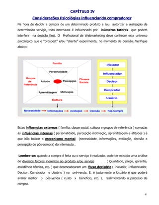 CAPÍTULO IV
             Considerações Psicológias influenciando compradores:
Na hora de decidir a compra de um determinado produto e /ou autorizar a realização de
determinado serviço, todo internauta é influenciado por    inúmeros fatores      que podem
interferir   na decisão final. O Profissional de Webmarketing deve conhecer este universo
psicológico que o “prospect” e/ou “cliente” experimenta, no momento de decisão. Verifique
abaixo:




Estas influencias externas ( família, classe social, cultura e grupos de referência ) somadas
às influências internas ( personalidade, percepção motivação, aprendizagem e atitudes ) é
que irão balizar o mecanismo mental        (necessidade, informações, avaliação, decisão e
percepção do pós-compra) do internauta .


Lembre-se: quando a compra é feita ou o serviço é realizado, pode ter existido uma análise
de diversos fatores inerentes ao produto e/ou serviço          ( Qualidade, preço, garantia,
assistência técnica, etc. ) que desencadearam um fluxo decisório ( Iniciador, Influenciador,
Decisor, Comprador e Usuário ) na pré-venda. E, é justamente o Usuário é que poderá
avaliar melhor o pós-venda ( custo x        benefício, etc. ), realimentando o processo de
compra.


                                                                                           41
 