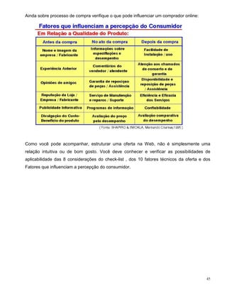Ainda sobre processo de compra verifique o que pode influenciar um comprador online:




Como você pode acompanhar, estruturar uma oferta na Web, não é simplesmente uma
relação intuitiva ou de bom gosto. Você deve conhecer e verificar as possibilidades de
aplicabilidade das 8 considerações do check-list , dos 10 fatores técnicos da oferta e dos
Fatores que influenciam a percepção do consumidor.




                                                                                        45
 