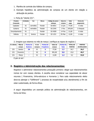 1. Planilha de controle dos hábitos de compra;
     2. Exemplo hipotético da administração de compras de um cliente em relação a
             atribuição de pontos.

     1. Ficha do “cliente 231”:
     Produto            Unidades       Cor            Marca        Código do prod./    Data da    Valor       Forma de
    Comprado                                                           estoque         compra      pago       pagamento

    Captador              01        vermelha          Fender          02-6651          12 jan.    77,00        A vista
    Guitarra              01        vermelha          Fender          02-2345          2 Fev.     870,00      2 cheques
Encordoamento             01            -             Fender          02-4509          14 Fev.    21,00        A vista
     Palheta              01         branca           Fender          02-1251         05 Mar.     12,00        A vista



     2. Imagine que estamos no mês de março ( verifique as regras de negócio )
N. cliente     Mês da      Pontos de         N. de      Pontos de       Valor da      Pontos de    TOTAL DE      PONTOS
               compra       Recência        compras     Freqüência      compra          Valor      PONTOS     ACUMULADOS

  231          Janeiro         24             01               3         77,00          7,7          34,7         34,7
  231         Fevereiro        -              02               6        891,00          9,0          15,0         49,7
  231          Março           -              01               3         12,00          1,2          4,2          53,9

     E por aí vai !



2. Registro e Administração dos relacionamentos:
     Registrar e administrar relacionamentos pressupõe primeiro: eleger que relacionamentos
     iremos ter com nossos clientes. A escolha deve considerar sua capacidade de alocar
     recursos ( Financeiros, Infra-estrutura e Humanos ). Para cada relacionamento eleito
     deve-se planejar o “fulfillment” ( processo de receptividade e/ou atendimento) a fim de
     estar customizado, de forma eficaz.


     A seguir disponibilizo um exemplo prático de administração de relacionamentos, em
     forma de ficha:




                                                                                                                          36
 