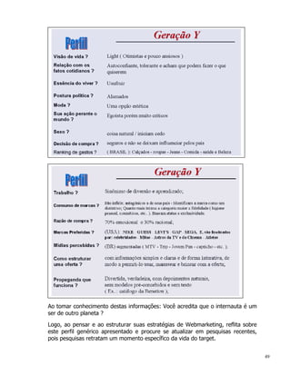 Ao tomar conhecimento destas informações: Você acredita que o internauta é um
ser de outro planeta ?

Logo, ao pensar e ao estruturar suas estratégias de Webmarketing, reflita sobre
este perfil genérico apresentado e procure se atualizar em pesquisas recentes,
pois pesquisas retratam um momento específico da vida do target.


                                                                                  49
 