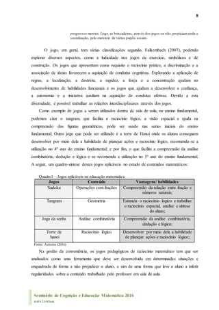 8
Seminário de Cognição e Educação Matemática 2016
ISBN 23587660
progressos mentais. Logo, as brincadeiras, através dos jogos ou não, propiciamainda a
socialização, pelo exercício de vários papéis sociais.
O jogo, em geral, tem várias classificações segundo, Falkembach (2007), podendo
explorar diversos aspectos, como a ludicidade nos jogos de exercício, simbólicos e de
construção. Os jogos que apresentam como requisito o raciocínio prático, a discriminação e a
associação de ideias favorecem a aquisição de condutas cognitivas. Explorando a aplicação de
regras, a localização, a destreza, a rapidez, a força e a concentração ajudam no
desenvolvimento de habilidades funcionais e os jogos que ajudam a desenvolver a confiança,
a autonomia e a iniciativa auxiliam na aquisição de condutas afetivas. Devido a esta
diversidade, é possível trabalhar as relações interdisciplinares através dos jogos.
Como exemplo de jogos a serem utilizados dentro de sala de aula, no ensino fundamental,
podemos citar o tangram, que facilita o raciocínio lógico, a visão espacial e ajuda na
compreensão das figuras geométricas, pode ser usado nas series iniciais do ensino
fundamental; Outro jogo que pode ser utilizado é a torre de Hanoi onde os alunos conseguem
desenvolver por meio dela a habilidade de planejar ações e raciocínio lógico, recomenda-se a
utilização no 4º ano do ensino fundamental; e por fim, o que facilita a compreensão da análise
combinatória, dedução e lógica e se recomenda a utilização no 5º ano do ensino fundamental.
A seguir, um quadro-síntese destes jogos aplicáveis no estudo de conteúdos matemáticos:
Quadro1 – Jogos aplicáveis na educação matemática
Jogos Conteúdo Vantagens/ habilidades
Sudoku Operações com frações Compreensão da relação entre fração e
números naturais;
Tangram Geometria Estimula o raciocínio logico e trabalhar
o raciocínio espacial, analise e síntese
do aluno;
Jogo da senha Análise combinatória Compreensão da análise combinatória,
dedução e lógica;
Torre de
hanoi
Raciocínio lógico Desenvolver por meio dela a habilidade
de planejar ações e raciocínio lógico;
Fonte: Autores (2016)
Na gestão da conveniência, os jogos pedagógicos de raciocínio matemático tem que ser
analisados como uma ferramenta que deve ser desenvolvida em determinadas situações e
enquadrada de forma a não prejudicar o aluno, e sim de uma forma que leve o aluno a inferir
regularidades sobre o conteúdo trabalhado pelo professor em sala de aula.
 