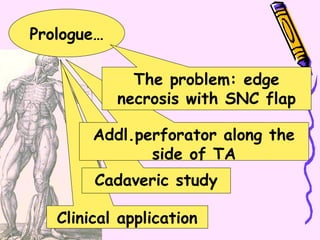 Clinical application
Cadaveric study
Addl.perforator along the
side of TA
Prologue…
The problem: edge
necrosis with SNC flap
 