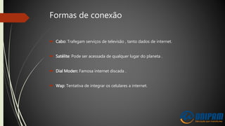 Formas de conexão
 Cabo: Trafegam serviços de televisão , tanto dados de internet.
 Satélite: Pode ser acessada de qualquer lugar do planeta .
 Dial Moden: Famosa internet discada .
 Wap: Tentativa de integrar os celulares a internet.
 