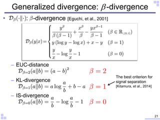 • : -divergence [Eguchi, et al., 2001]
– EUC-distance
– KL-divergence
– IS-divergence
Generalized divergence: b -divergenc...
