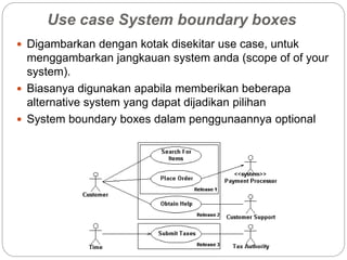 Use case System boundary boxes
 Digambarkan dengan kotak disekitar use case, untuk
menggambarkan jangkauan system anda (scope of of your
system).
 Biasanya digunakan apabila memberikan beberapa
alternative system yang dapat dijadikan pilihan
 System boundary boxes dalam penggunaannya optional
 