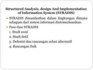 Structured Analysis, design And Implementation
of Information System (STRADIS)
 STRADIS dimanfaatkan dalam lingkungan dimana
sebagian dari sistem informasi diotomatisasikan.
 Fase-fase STRADIS
1. Studi awal
2. Studi detil
3. Defenisi dan rancangan solusi alternatif
4. Rancangan fisik
 