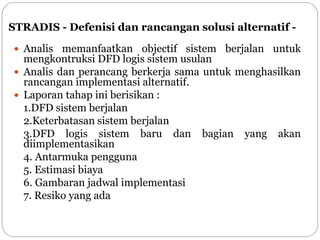 STRADIS - Defenisi dan rancangan solusi alternatif -
 Analis memanfaatkan objectif sistem berjalan untuk
mengkontruksi DFD logis sistem usulan
 Analis dan perancang berkerja sama untuk menghasilkan
rancangan implementasi alternatif.
 Laporan tahap ini berisikan :
1.DFD sistem berjalan
2.Keterbatasan sistem berjalan
3.DFD logis sistem baru dan bagian yang akan
diimplementasikan
4. Antarmuka pengguna
5. Estimasi biaya
6. Gambaran jadwal implementasi
7. Resiko yang ada
 