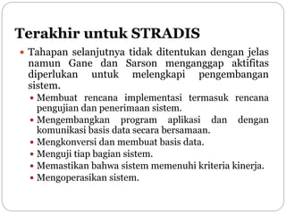 Terakhir untuk STRADIS
 Tahapan selanjutnya tidak ditentukan dengan jelas
namun Gane dan Sarson menganggap aktifitas
diperlukan untuk melengkapi pengembangan
sistem.
 Membuat rencana implementasi termasuk rencana
pengujian dan penerimaan sistem.
 Mengembangkan program aplikasi dan dengan
komunikasi basis data secara bersamaan.
 Mengkonversi dan membuat basis data.
 Menguji tiap bagian sistem.
 Memastikan bahwa sistem memenuhi kriteria kinerja.
 Mengoperasikan sistem.
 
