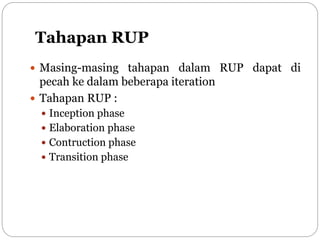 Tahapan RUP
 Masing-masing tahapan dalam RUP dapat di
pecah ke dalam beberapa iteration
 Tahapan RUP :
 Inception phase
 Elaboration phase
 Contruction phase
 Transition phase
 