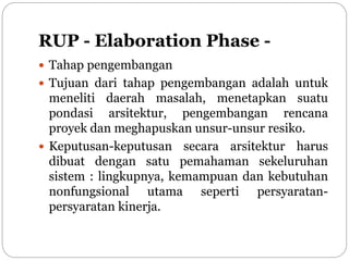 RUP - Elaboration Phase -
 Tahap pengembangan
 Tujuan dari tahap pengembangan adalah untuk
meneliti daerah masalah, menetapkan suatu
pondasi arsitektur, pengembangan rencana
proyek dan meghapuskan unsur-unsur resiko.
 Keputusan-keputusan secara arsitektur harus
dibuat dengan satu pemahaman sekeluruhan
sistem : lingkupnya, kemampuan dan kebutuhan
nonfungsional utama seperti persyaratan-
persyaratan kinerja.
 