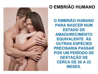 O EMBRIÃO HUMANO
O EMBRIÃO HUMANO
PARA NASCER NUM
ESTADO DE
AMADURECIMENTO
EQUIVALENTE ÀS
OUTRAS ESPÉCIES
PRECISARIA PASSAR
POR UM PERÍODO DE
GESTAÇÃO DE
CERCA DE 20 A 22
MESES.
 