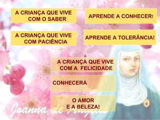 A CRIANÇA QUE VIVE
COM A FELICIDADE
A CRIANÇA QUE VIVE
COM O SABER
APRENDE A CONHECER!
CONHECERÁ
O AMOR
E A BELEZA!
A CRIANÇA QUE VIVE
COM PACIÊNCIA
APRENDE A TOLERÂNCIA!
 