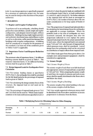 6.4.6 In case design spectrum is specifically prepared 
for a structure at a particular project site, the same 
may be used for design at the discretion of the project 
authorities 
7 BUILDINGS 
7.1 Regular and Irregular Configuration 
To perform well in an earthquake, a building should 
possess four main attributes, namely simple and regular 
cotilguration, and adequate lateral strength, stiffness 
and ductility. Buildings having simple regolar geomet~ 
and uniformly distributed mass and stiffness in plan 
as well as in elevation, suffer much less damage than 
buildings with irregular configurations. A building 
shall be considered as irregular for the purposes of 
this standard, if at least one of the conditions given 
in Tables 4 and 5 is applicable, 
7.2 Importance Factor Zand Response Reduction 
FactorR 
The minimum value of importanm factor,1, for ditlerent 
building systems shall be as given in Table 6. The 
response reduction factor, R, for different building 
systems shall be as given in Table 7. 
7.3 Design Imposed Loads for Earthquakes Force 
Calculation 
7.3.1 For various loading classes as specified in 
IS 875( Part 2 ), the earthquake force shall be calculatcxl 
for the full dead load plus the percentage of imposed 
load as given in Table 8. 
7.3.2 For calculating the design seismic forces of the 
structure, the imposed load on roof need not be 
considered. 
7.3.3 The percentage of imposed loads given in 7.3.1 
and 7.3.2 shall also be used for ‘Whole frame loaded’ 
condition in the load combinations specified in 6.3.L 1 
IS 1893( Part 1 ): 2002 
and 6.3.1.2 where the gravity loads are combined with 
the earthquake loads [ that is, in load combinations 
(3) in 6.3.1.1, and (2) in 6.3.1.2 ]. No further reduction 
in the imposed load will be used as envisaged in 
IS 875( Part 2 ) for number of storeys above the one 
under consideration or for large spans of beams or 
floors. 
7.3.4 The proportions of imposed load indicated above 
for calculating the lateral design forces for earthquakes 
are applicable to average conditions. Where the 
probable loads at the time of earthquake are more 
accurately assessed, the designer may alter the 
proportions indicated or even replace the entire 
imposed load proportions by the actual assessed load. 
In such cases, where the imposed load is not assessed 
as per 7.3.1 and 7.3.2 only that part of imposed load, 
which possesses mass, shall be considered. Lateral 
design force for earthquakes shall not be calculated 
on contribution of impact effects from imposed loads. 
7.3.5 Other loads apart from those given above ( for 
example snow and permanent equipment ) shall be 
considered as appropriate. 
7.4 Seismic Weight 
7.4.1 Seismic Weight of Floors 
The seismic weight of each floor is its full dead load 
plus appropriate amount of imposed load, as specified 
in 7.3.1 and 7.3.2. While computing the seismic weight 
of each floor, the weight of columns and walls in any 
storey shall be equally distributed to the floors above 
and below the storey. 
7.4.2 Seismic Weight of Building 
The seismic weight of the whole building is the sum 
of the seismic weights of all the floors. 
7.4.3 Any weight supported in between storeys shall 
be distributed to the floors above and below in inverse 
proportion to its distance from the floors. 
Table 3 Multiplying Factors for Obtaining Values for Other Damping 
( Clause 6.4.2) 
Damping, o 2 5 7 10 15 20 25 30 
percent 
Factors 3.20 1,40 1.00 0.90 0.80 0.70 0,60 0.55 0.50 
17 
 