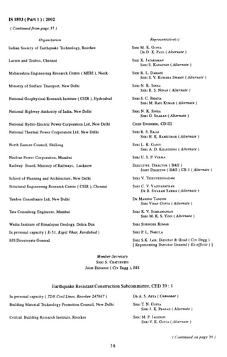 IS 1893( Part 1 ): 2002 
( Continued from page 37) 
Organization 
Indian Society of Earthquake Technology, Roorkee 
Larsen and Toubro, Chennai 
Maharashtra Engineering Research Centre ( MERI ), Nasik 
Ministry of Surface Transport, New Delhi 
National Geophysical Research Institute ( CSIR ), Hyderabad 
NationaJ Highway Authority of India, New Delhi 
National Hydro-Electric Power Corporation Ltd, New Delhi 
National Thermal Power Corporation Ltd, New Delhi 
North Eastern Council, Shillong 
Nuclear Power Corporation, Mumbai 
Railway Board, Ministry of Railways, Lucknow 
School of Planning and Architecture, New Delhi 
Structural Engineering Research Centre ( CSIR ), Chennai 
Tandon Consultants Ltd, New Delhi 
Tata Consulting Engineers, Mumbai 
Wadia Institute of Himalayan Geology, Debra Dun 
In personal capacity ( E-53, Kapil Whan Faridabad ) 
BIS Directorate GeneraJ 
Representative(s) 
SHRIM. K. GUPTA 
DR D. K. PAUL( Alrernate ) 
SHRIK. JAYARAMAN 
SHRIS. KANAPPAN( Alternate ) 
SHRIR. L. DAMANI 
SHRIS. V. KUMARASWAMY( Alternate ) 
SHRIN. K. SINHA 
SHRIR. S. NINAN( Alternate ) 
SHRIS. C. BHATIA 
SHRIM. RAVIKUMAR( Alternate ) 
SHRIN. K. SINHA 
SHRIG. SHARAN( Alternate ) 
CHIEPENGINEER,CD-HI 
SHRIR. S. BAJAI 
SHRIH. K. RAMKUMAR( Alternate ) 
SHRIL. K. GANJU 
SHRIA. D. KHARSHING( Alternate ) 
SHRtU. S. P. VERMA 
EXECUTIVEDIRECTOR( B&S ) 
JOINTDIRECTOR( B&S ) CB-1 ( Alternate ) 
SHRIV. THIRUVENDGADAM 
SHRIC. V. VAIDYANATErAN 
DR B. SWARAMSARMA( Alternate ) 
DR MAHESHTANDON 
SHRIVINAYGUPTA( Alternate ) 
SHRIK. V. SUBRA~ANIAN 
SHRIM. K. S. YOGI( Alternate ) 
SHRISURINDERKUMAR 
SHRIP. L. NARULA 
SHRtS.K. JAIN, Director & Head ( Civ Engg ) 
[ Representing Director General ( Ex-officio ) ] 
Member-Secretary 
SHRIS. CHATURVEDI 
Joint Director ( Civ Engg ), BIS 
Earthquake Resistant Construction Subcommittee, CED 39:1 
In personal capacity ( 72/6 Civil Lines, Roorkee 247667) DR A. S. ARYA( Convener) 
Building Material Technology Promotion Council, New Delhi SHRIT. N. GUPTA 
SHRIJ. K. PRASAD( Alternate ) 
Central Building Research Institute, Roorkee SHRIM. P. JAISINGH 
SHRIV. K. GUPTA( Alternate ) 
( Continued on page 39) 
38 
 