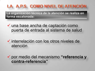 Utilizar racionalmente tecnología simple y apropiada.Formar nuevo recurso humano comprometido con los principios de la A.P.S.Articular los distintos niveles de atención: EFICIENCIA Y CALIDAD DE ATENCIÓN.Alcanzar la articulación intersectorial: INTEGRACIÓN AL PROCESO SOCIOECONÓMICO DEL PAIS.