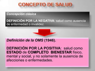 CONCEPTO DE SALUDConcepción clásicaDEFINICIÓN POR LA NEGATIVA: salud como ausencia de enfermedad o invalidez.Definición de la OMS (1946). DEFINICIÓN POR LA POSITIVA:  salud como ESTADOde COMPLETOBIENESTARfísico, mental y social, y no solamente la ausencia de afecciones o enfermedades.