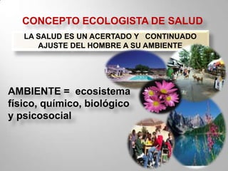CONCEPTO ECOLOGISTA DE SALUD   LA SALUD ES UN ACERTADO Y   CONTINUADO AJUSTE DEL HOMBRE A SU AMBIENTEAMBIENTE =  ecosistema físico, químico, biológico y psicosocial